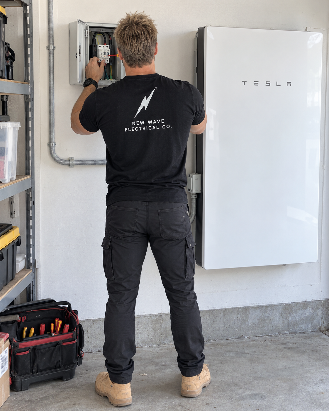 Aaron working at a switchboard next to a Tesla Powerwall battery in a garage