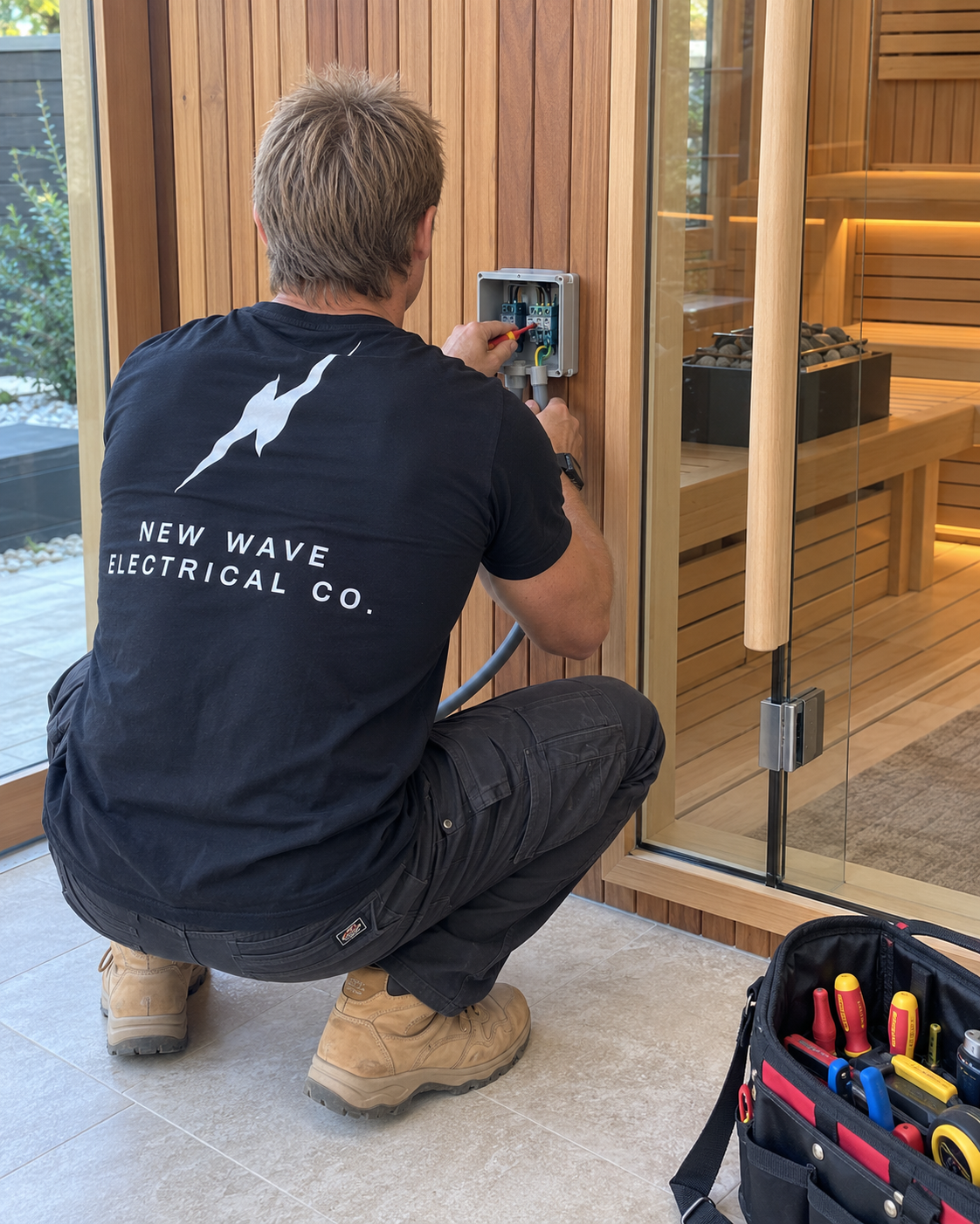 Aaron wiring a junction box for a sauna