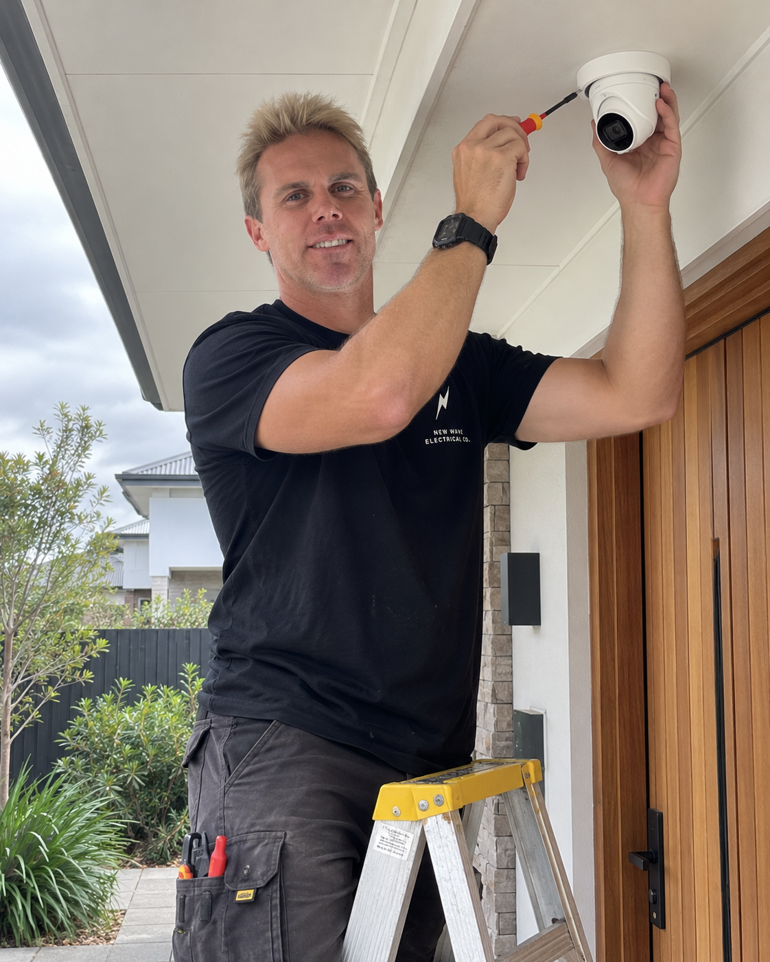 Aaron installing a CCTV dome camera under an eave